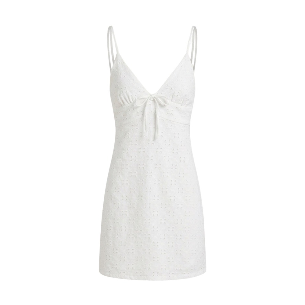H&M‎ Divided Eyelet Mini Dress Womens 4 White Tie Front Spaghetti Strap Summer